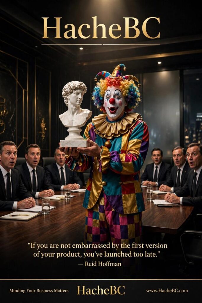 Clown holding a sculpture in a boardroom, illustrating the difference between product perfection and market validation.